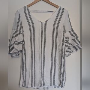 Impeccable Pig Black & White Striped Ruffle Sleeve V-Back Mini Dress Medium